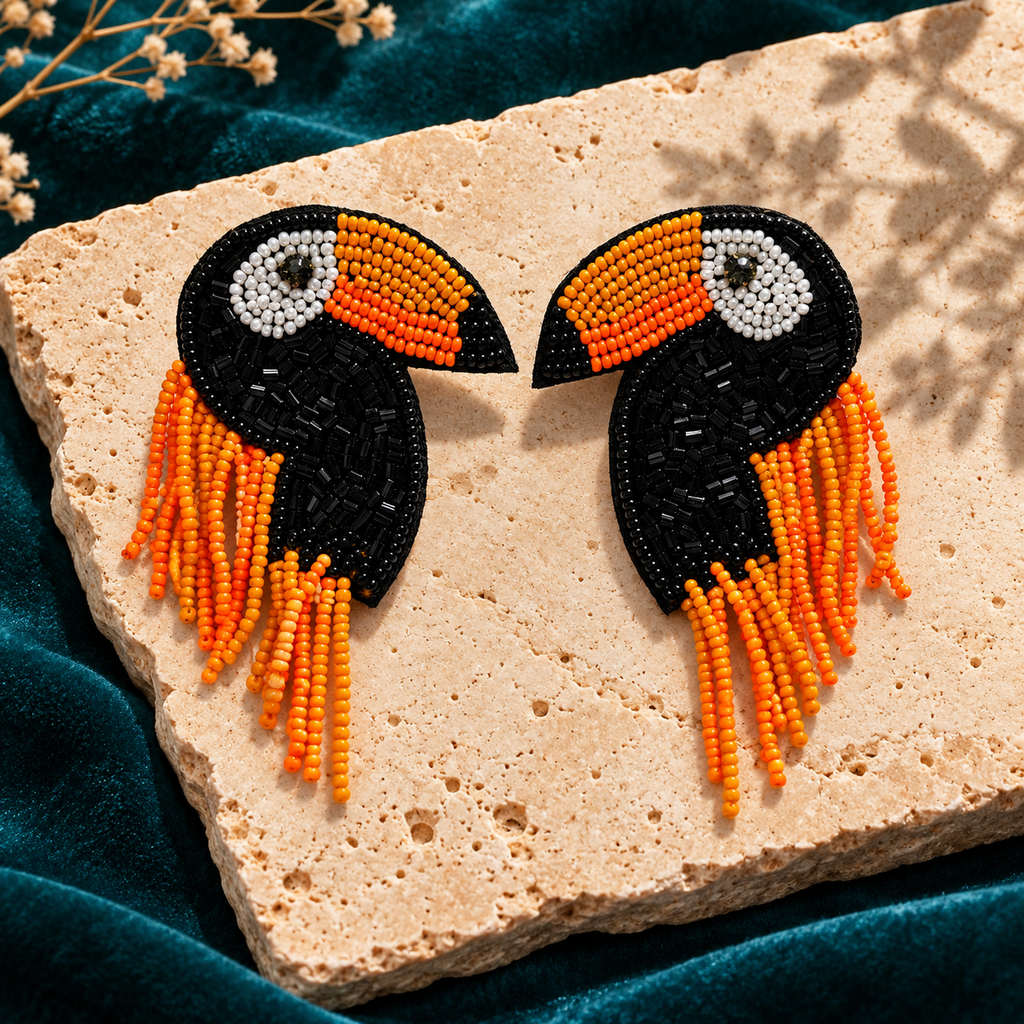 Zuri Black & Orange Toucan Statement Earrings | MyJhumki