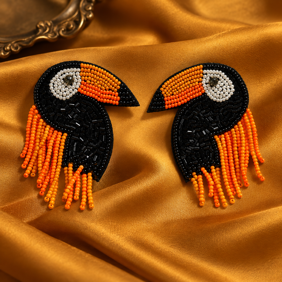 Zuri Black & Orange Toucan Statement Earrings | MyJhumki