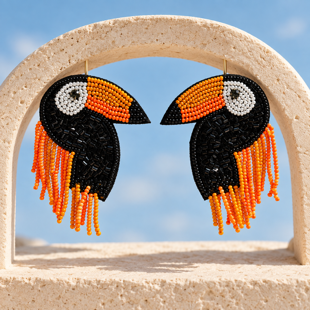 Zuri Black & Orange Toucan Statement Earrings | MyJhumki